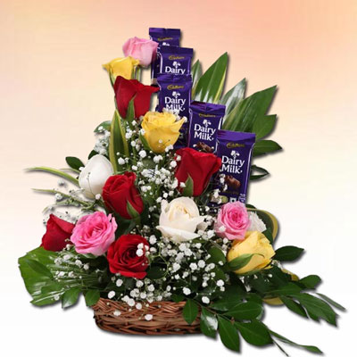 "Mixed Roses Flower basket with Chocos - Click here to View more details about this Product